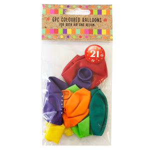 This pack of 6 uninflated balloons is ideal for any 21st birthday celebration. Designed to inflate to 11", these balloons can be inflated with either air or helium.  Each balloon is a different bright colour - including yellow, red, blue, green, orange and purple and is decorated with a scattered pattern of "21"s, surrounded by stars and circles.